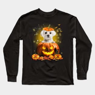 White Maltese Spooky Halloween Pumpkin Dog Head Long Sleeve T-Shirt